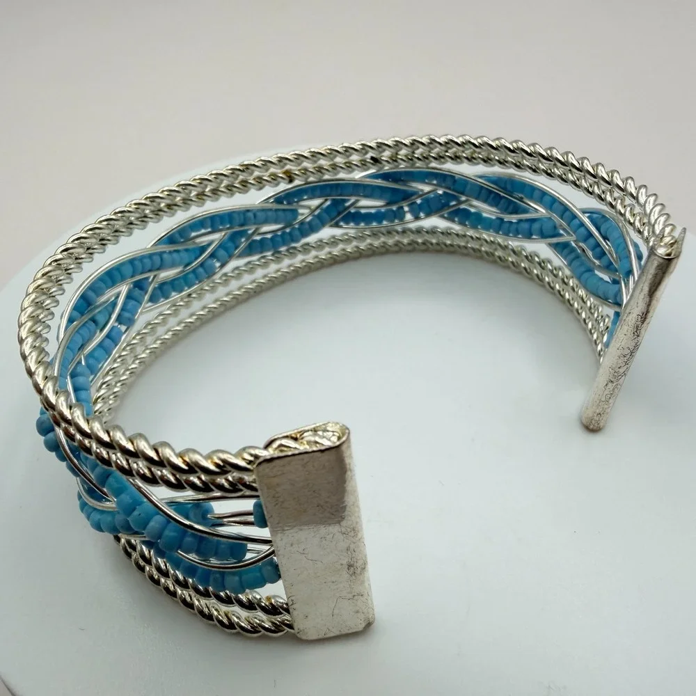 Vintage Y2K‎ Silver Tone Braided Blue Seed Beaded Cuff Bracelet Women's Jewelry